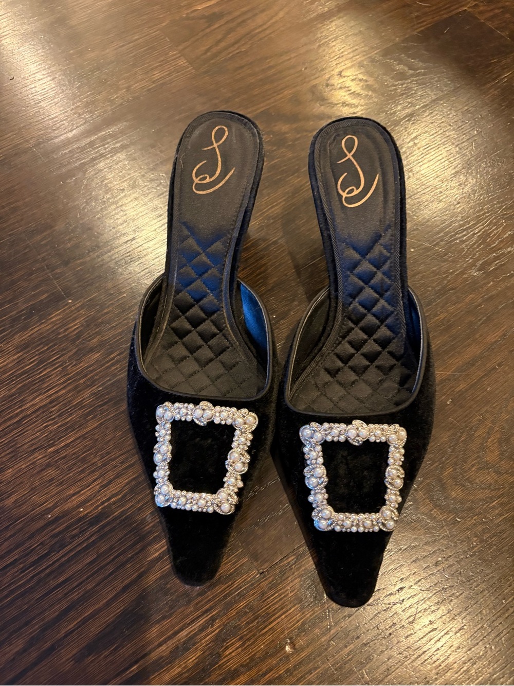 Size 9.5 Sam Edelman Black Velvet Slip-On Mules with Crystal Buckle